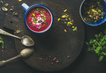 Dieting beetroot soup with mint  pistachio and seeds  copy space