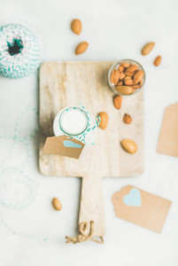 Fresh vegetarian dairy free almond milk in bottle  top view