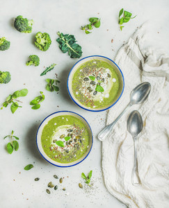 Spring broccoli cream soup with mint and coconut cream