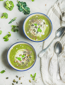 Spring vegan broccoli cream soup with mint and coconut cream