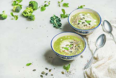 Broccoli green cream soup with mint and coconut cream