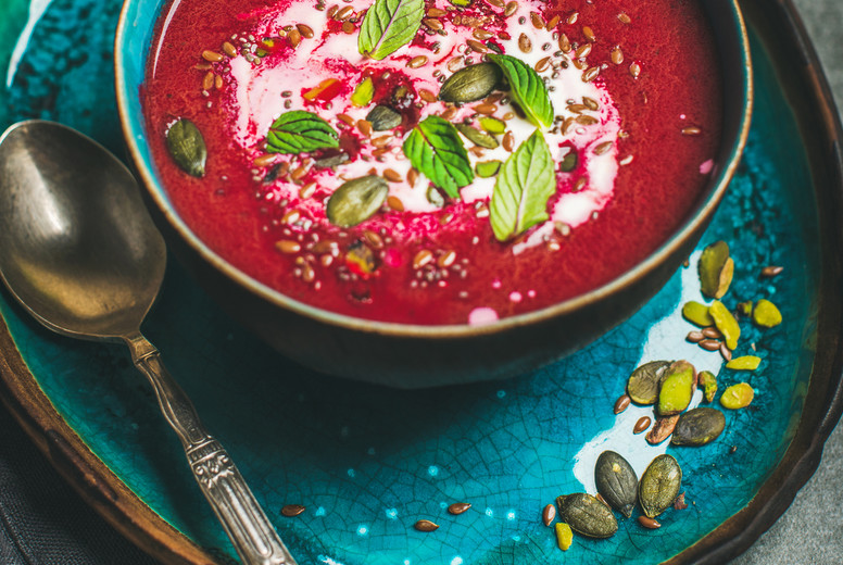 Beetroot soup with mint, chia, flax, pumpkin seeds, square crop