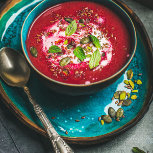 Beetroot soup with mint chia flax pumpkin seeds square crop