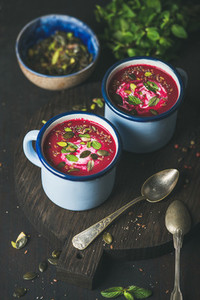 Detox vegetarian beetroot soup with mint  pistachio and seeds