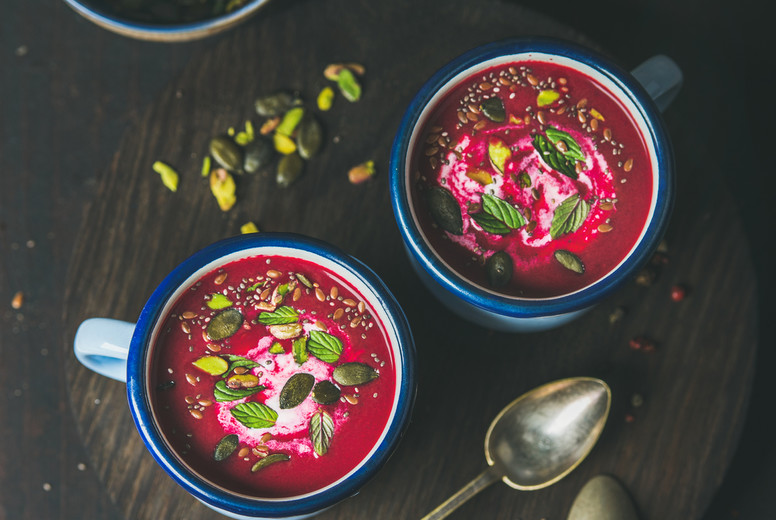 Beetroot soup with mint, pistachio, chia, flax, pumpkin seeds