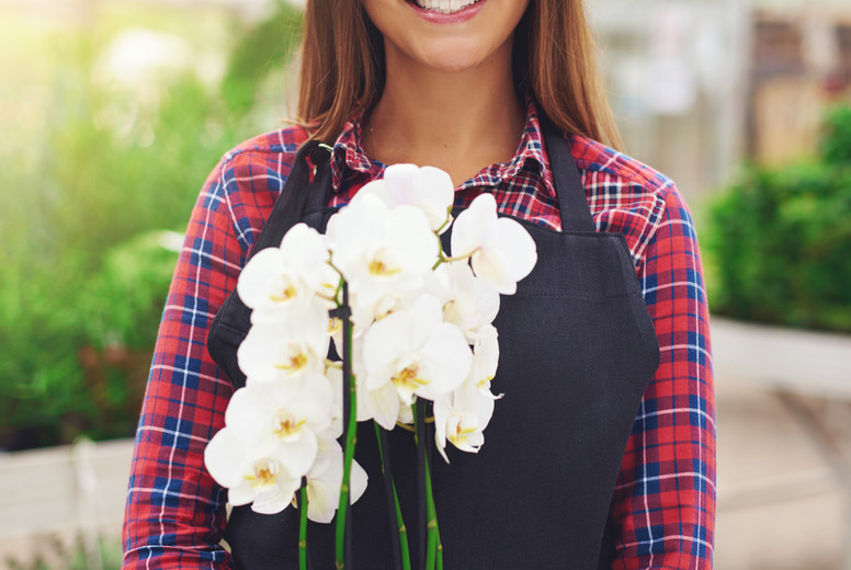 Smiling young florist holding an orchid