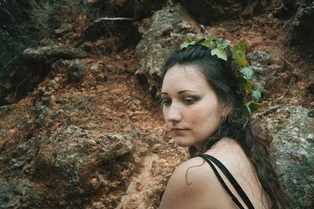 forest elf with plants in her hair natural make up