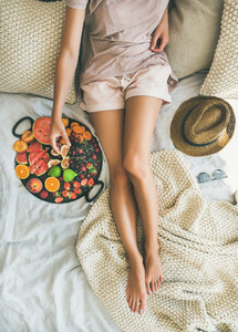 Summer healthy raw vegan clean eating breakfast in bed concept