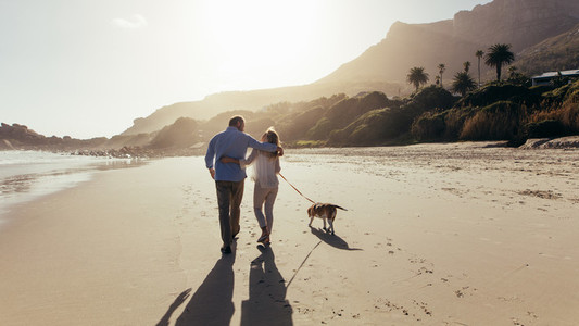 Mature couple strolling along the beach with dog