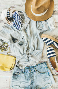 Summer womans outfit flatlay  top view  vertical composition