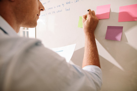 Entrepreneur writing on the sticky notes placed on white board
