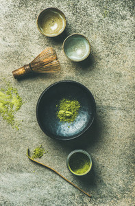 Japanese tools for brewing matcha green tea top view
