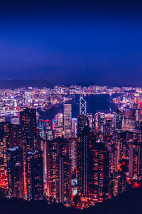 Hong Kong skyline at night from Victoria Peak with copy space in