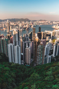 Hong Kong skyline view from Victoria Peak daytime with blue sky