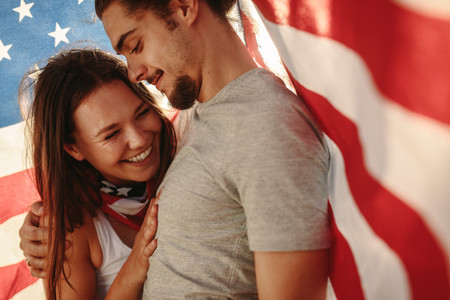 Couple in love under American flag