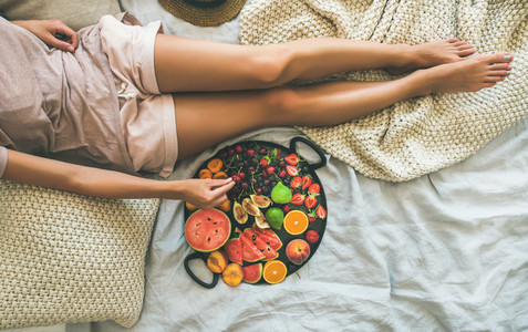 Summer healthy clean eating breakfast in bed concept  copy space
