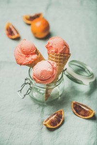 Refreshing summer blood orange ice cream and fresh fruits