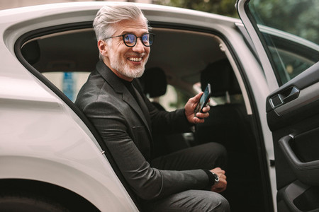 Smiling mature businessman in taxi