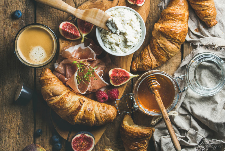 Croissants, ricotta cheese, figs, fresh berries, prosciutto, honey and espresso