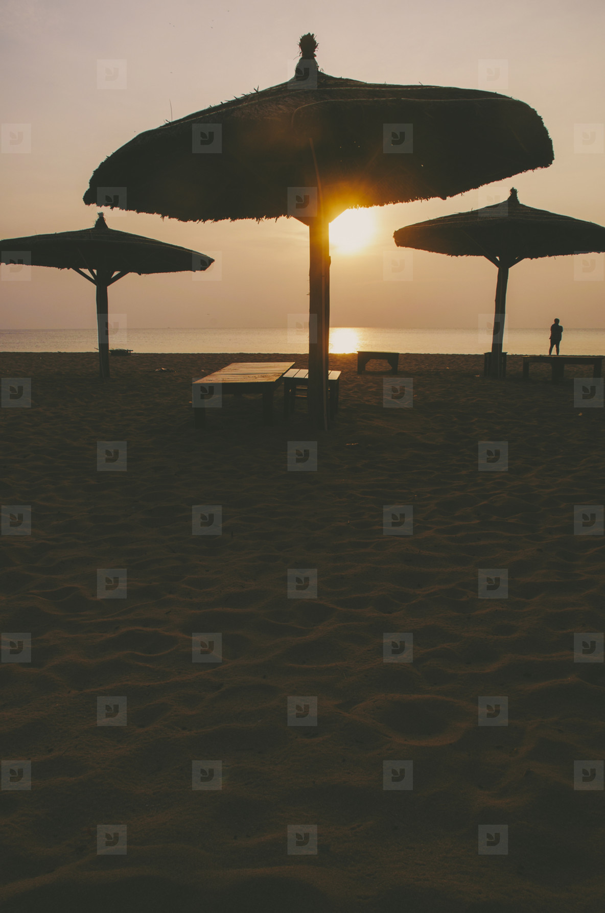 Tropical beach umbrella  sunset