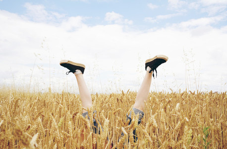 Child raised legs over a wheat field