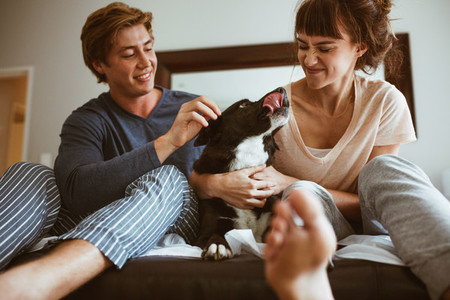 Couple sitting on bed with their pet