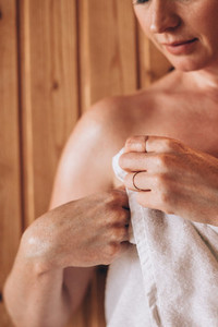 Close up of a woman wearing towel