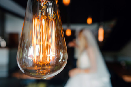 retro bulbs lights newlyweds couple embracing