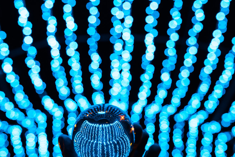 crystal ball stay in blue garland lights