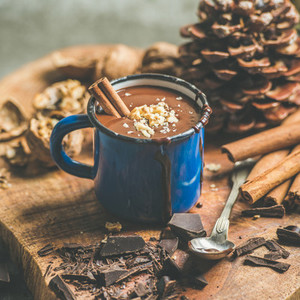 Rich winter hot chocolate with cinnamon and walnuts square crop