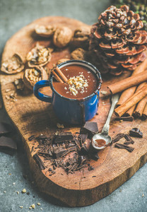 Rich winter hot chocolate with cinnamon and walnut crumb