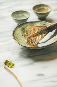 Japanese tools and bowls for brewing matcha tea  copy space