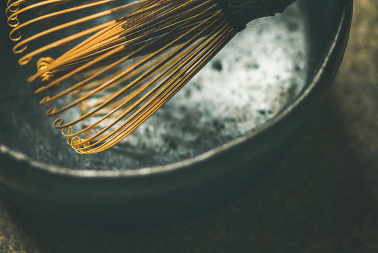 Close-up of traditional Japanese Chasen whisk, copy space