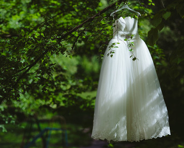 Wedding dress hanging on a tree