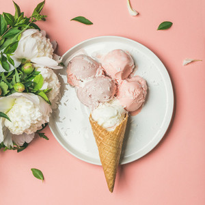 Strawberry and coconut ice cream cones white peonies square crop