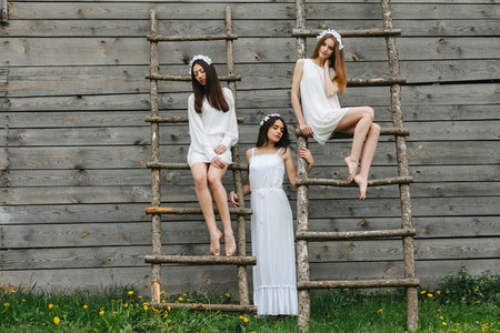 Three charming girls on a ladder near a wooden house