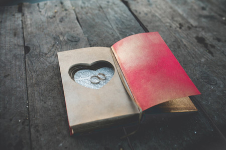 Charming vintage book with handmade heart in which lie the ring