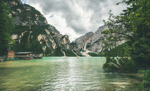 Mountain Lake in Valle di Braies on summer day