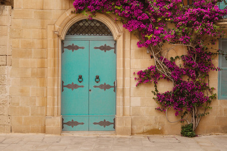Ancient maltese house with blue wooden door and pink bougainvillea in the wall
