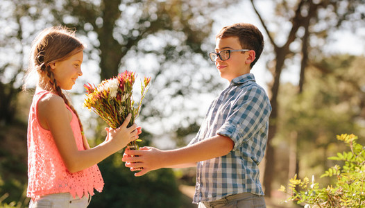 Boy proposing to his girlfriend with a bunch of flowers