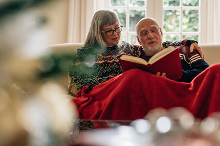 Elderly couple reading a book sitting on sofa at home