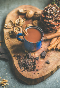Rich winter hot chocolate with cinnamon and walnuts