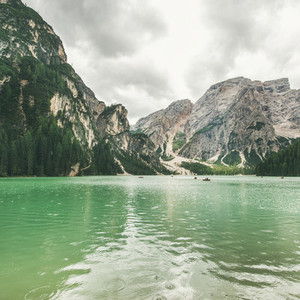 Mountain Lake in Valle di Braies in the Dolomite Alps