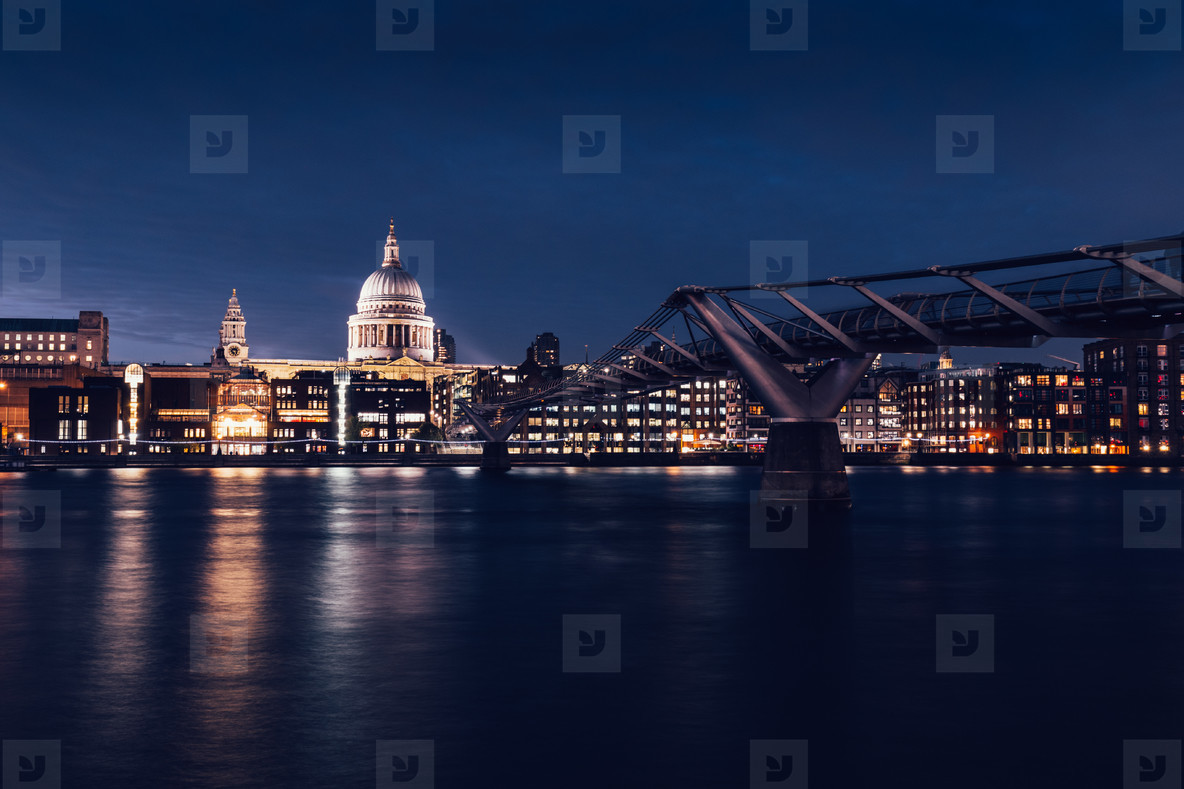 Modern London city skyline St Pauls Cathedral and Bridge River T