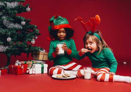 Little girls eating cookies sitting beside a christmas tree