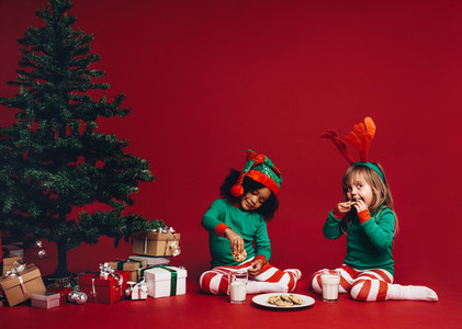 Kids eating cookies with milk sitting beside a christmas tree