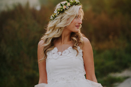 Beautiful model girl in a white wedding dress