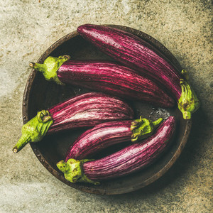 Flat lay of fresh raw Fall harvest purple eggplants  square crop