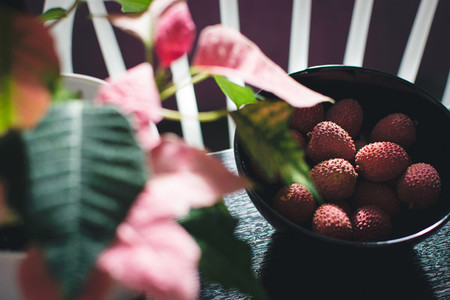 Pink litchi in bowl