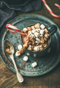 Christmas hot chocolate with marshmallows and candy cane
